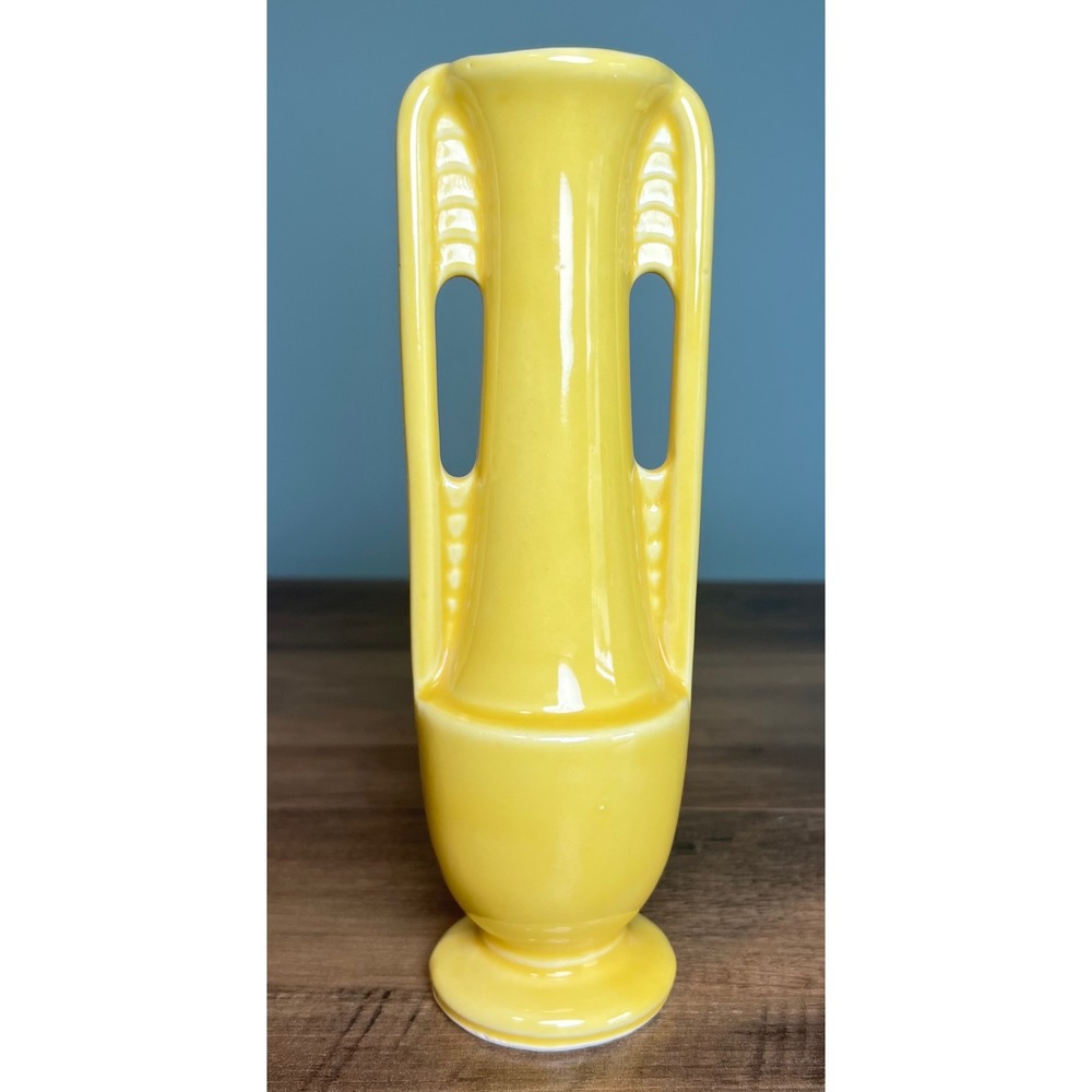 Vintage USA Pottery 1075 Yellow Art Deco Double Handle Bud Vase 8 Inch